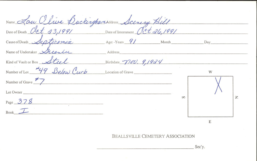 Lou Olive Buckingham burial card